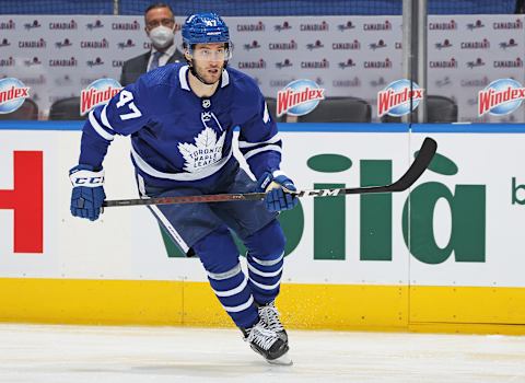 TORONTO, ON – APRIL 13: Pierre Engvall #47 of the Toronto Maple Leafs  . (Photo by Claus Andersen/Getty Images)