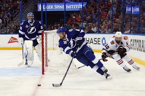 TAMPA, FL – JUNE 06: Anton Stralman #6 of the Tampa Bay Lightning skates with the puck as Patrick Sharp #10 of the Chicago Blackhawks defends during Game Two of the 2015 NHL Stanley Cup Final at Amalie Arena on June 6, 2015 in Tampa, Florida. (Photo by Bruce Bennett/Getty Images)