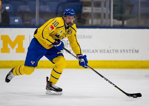 Flyers prospect Adam Ginning playing for Sweden. (Photo by Dave Reginek/Getty Images)