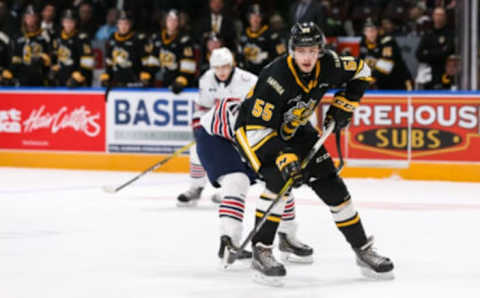 OSHAWA, ON – OCTOBER 18: Eric Hjorth #55 of the Sarnia Sting plays the puck during an OHL game against the Oshawa Generals at the Tribute Communities Centre on October 18, 2019 in Oshawa, Ontario, Canada. (Photo by Chris Tanouye/Getty Images)