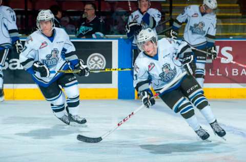 KELOWNA, CANADA – OCTOBER 9: Tyler Soy #17 and Matthew Phillips #11 of Victoria Royals warm up against the Kelowna Rockets. (Photo by Marissa Baecker/Getty Images)