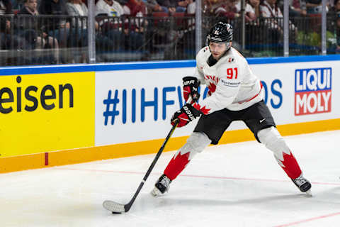 RIGA, LATVIA – MAY 12: Adam Fantilli of Canada in action during the 2023 IIHF Ice Hockey World Championship Finland – Latvia game between Latvia and Canada at Arena Riga on May 12, 2023 in Riga, Latvia. (Photo by Jari Pestelacci/Eurasia Sport Images/Getty Images)