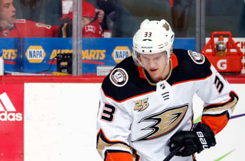 CALGARY, AB – FEBRUARY 22: Jakob Silfverberg #33 of the Anaheim Ducks warms up before an NHL game against the Calgary Flames on February 22, 2019, at the Scotiabank Saddledome in Calgary, Alberta, Canada. (Photo by Gerry Thomas/NHLI via Getty Images)