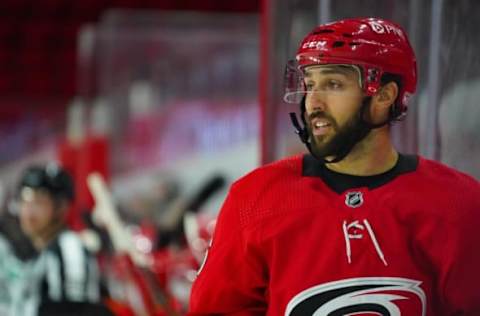 Jan 31, 2021; Raleigh, North Carolina, USA; Carolina Hurricanes center Vincent Trocheck (16) looks on against the Dallas Stars at PNC Arena. Mandatory Credit: James Guillory-USA TODAY Sports