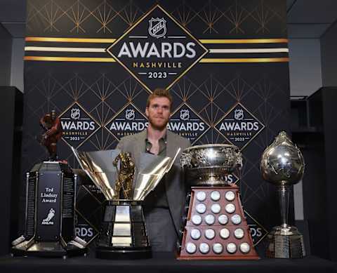 NASHVILLE, TENNESSEE – JUNE 26: Connor McDavid poses with his trophies after the 2023 NHL Awards show at the Bridgestone Arena on June 26, 2023 in Nashville, Tennessee. (Photo by Bruce Bennett/Getty Images)