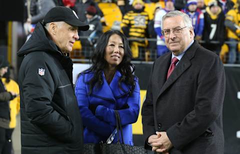 Dec 15, 2019; Pittsburgh, PA, USA; Pittsburgh Steelers owner Art Rooney II (left) talks with Buffalo Bills owners Kim Pegula (center) and Terry Pegula (right) before the Steelers host the Bills at Heinz Field. Mandatory Credit: Charles LeClaire-USA TODAY Sports