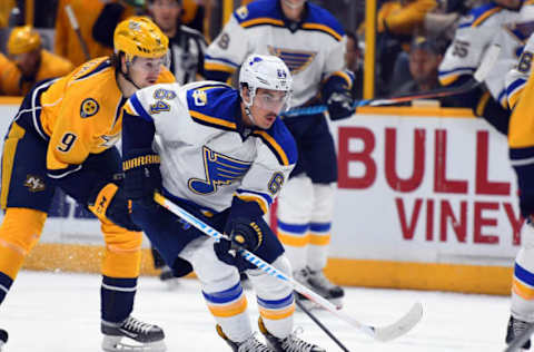 Nov 10, 2016; Nashville, TN, USA; St. Louis Blues right wing Nail Yakupov (64) skates the puck across the blue line during the second period against the Nashville Predators at Bridgestone Arena. Mandatory Credit: Christopher Hanewinckel-USA TODAY Sports