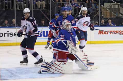 NEW YORK, NEW YORK – MARCH 28: Igor Shesterkin #31 of the New York Rangers skates against the Columbus Blue Jackets at Madison Square Garden on March 28, 2023 in New York City. (Photo by Bruce Bennett/Getty Images)