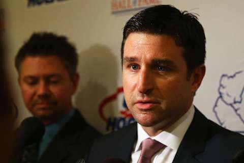 Chris Drury talks with the media (Photo by Maddie Meyer/Getty Images)