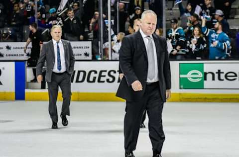 SAN JOSE, CA – APRIL 16: Anaheim Ducks Head Coach Randy Carlyle heads off the ice. (Photo by Douglas Stringer/Icon Sportswire via Getty Images)