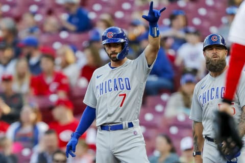 Apr 3, 2023; Cincinnati, Ohio, USA; Chicago Cubs shortstop Dansby Swanson (7) reacts after hitting a single against the Cincinnati Reds in the first inning at Great American Ball Park. Mandatory Credit: Katie Stratman-USA TODAY Sports