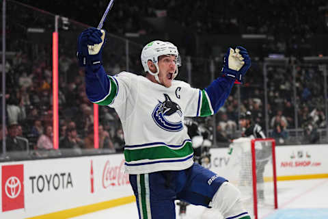 Dec 30, 2021; Los Angeles, California, USA; Vancouver Canucks center Bo Horvat (53) celebrates after a goal against the LA Kings in the third period at Crypto.com Arena. Mandatory Credit: Kirby Lee-USA TODAY Sports