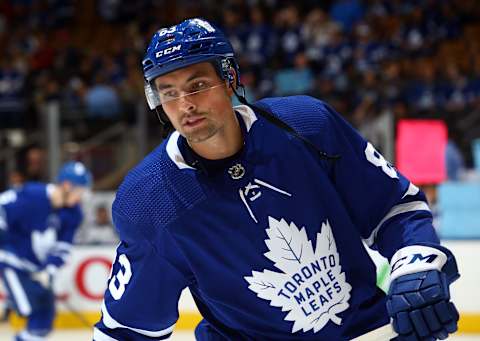 TORONTO, ON - SEPTEMBER 28: Cody Ceci #83 of the Toronto Maple Leafs warms up prior to an NHL pre-season game against the Detroit Red Wings at Scotiabank Arena on September 28, 2019 in Toronto, Canada. (Photo by Vaughn Ridley/Getty Images)