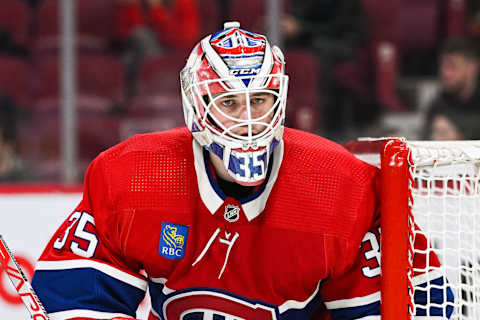 Apr 1, 2023; Montreal, Quebec, CAN; Montreal Canadiens goalie Sam Montembeault (35) looks towards the play against the Carolina Hurricanes during the second period at Bell Centre. Mandatory Credit: David Kirouac-USA TODAY Sports