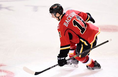 May 5, 2015; Calgary, Alberta, CAN; Calgary Flames center Mikael Backlund (11) celebrates his overtime winning goal against the Anaheim Ducks in game three of the second round of the 2015 Stanley Cup Playoffs at Scotiabank Saddledome. Flames won 4-3 in overtime. Mandatory Credit: Candice Ward-USA TODAY Sports