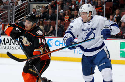 ANAHEIM, CA: Andrej Sustr #62 of the Tampa Bay Lightning battles for position against Rene Bourque #14 of the Anaheim Ducks on February 18, 2015. (Photo by Debora Robinson/NHLI via Getty Images)