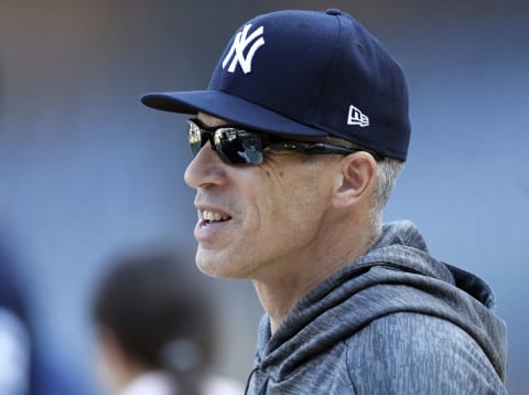 NEW YORK, NY – OCTOBER 18: Manager Joe Girardi #28 of the New York Yankees watches batting practice before game 5 of the American League Championship Series against the Houston Astros on October 18, 2017 at Yankee Stadium in the Bronx borough of New York City. Yankees won 5-0. (Photo by Paul Bereswill/Getty Images) *** Local Caption ***Joe Girardi