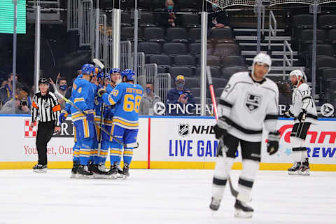 Members of the St. Louis Blues celebrate. (Photo by Dilip Vishwanat/Getty Images)