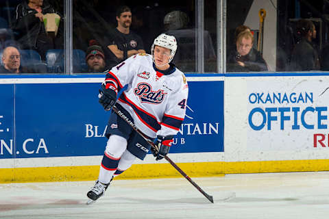 KELOWNA, BC – NOVEMBER 21: Ryker Evans #41 of the Regina Pats skates against the Kelowna Rockets at Prospera Place on November 21, 2018 in Kelowna, Canada. (Photo by Marissa Baecker/Getty Images)