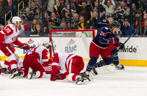 COLUMBUS, OH – APRIL 03: Columbus Blue Jackets left wing Sonny Milano (22) celebrates after scoring a goal in the third period of a game between the Columbus Blue Jackets and the Detroit Red Wings on April 03, 2018 at Nationwide Arena in Columbus, OH.(Photo by Adam Lacy/Icon Sportswire via Getty Images)