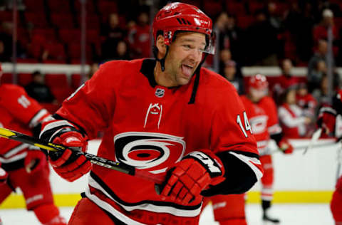 RALEIGH, NC – JANUARY 21: Justin Williams #14 of the Carolina Hurricanes warms up prior to an NHL game against the Winnipeg Jets on January 21, 2020 at PNC Arena in Raleigh, North Carolina. (Photo by Gregg Forwerck/NHLI via Getty Images)