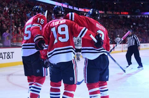 Nov 6, 2016; Chicago, IL, USA; Chicago Blackhawks center Artem Anisimov (15) reacts after scoring a goal against the Dallas Stars during the third period at United Center. Mandatory Credit: Mike DiNovo-USA TODAY Sports