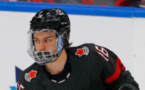 Aug 20, 2022; Edmonton, Alberta, CAN; Team Canada forward Connor Bedard (16) skates during warm-up against Team Finland in the championship game during the IIHF U20 Ice Hockey World Championship at Rogers Place. Mandatory Credit: Perry Nelson-USA TODAY Sports