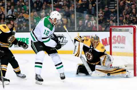 BOSTON, MA – JANUARY 15: Boston Bruins goalie Anton Khudobin (35) makes a left pad save on Dallas Stars center Radek Faksa (12)during a game between the Boston Bruins and the Dallas Stars on January 15, 2018, at TD Garden in Boston, Massachusetts. The Stars defeated the Bruins 3-2 (OT). (Photo by Fred Kfoury III/Icon Sportswire via Getty Images)