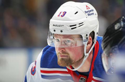 TORONTO, ON – NOVEMBER 18: Alexis Lafreniere #13 of the New York Rangers waits for a faceoff against the Toronto Maple Leafs during an NHL game at Scotiabank Arena on November 18, 2021, in Toronto, Ontario, Canada. The Maple Leafs defeated the Rangers 2-1. (Photo by Claus Andersen/Getty Images)