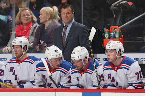 NEWARK, NJ – APRIL 03: Head Coach Alain Vigneault of the New York Rangers looks on during the game against the New Jersey Devils at Prudential Center on April 3, 2018 in Newark, New Jersey. (Photo by Andy Marlin/NHLI via Getty Images)