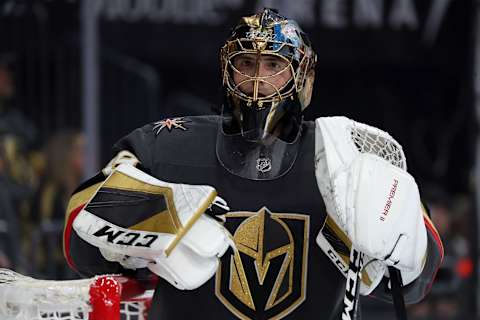 LAS VEGAS, NEVADA – NOVEMBER 23: Marc-Andre Fleury #29 of the Vegas Golden Knights stands in net during the first period against the Edmonton Oilers at T-Mobile Arena on November 23, 2019 in Las Vegas, Nevada. (Photo by Zak Krill/NHLI via Getty Images)