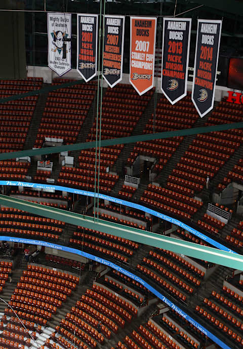 ANAHEIM, CA – MAY 25: A general view of the Anaheim Ducks banners before the game against the Chicago Blackhawks in Game Five of the Western Conference Finals during the 2015 NHL Stanley Cup Playoffs at Honda Center on May 25, 2015, in Anaheim, California. (Photo by Debora Robinson/NHLI via Getty Images)