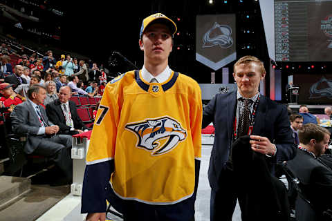 CHICAGO, IL – JUNE 24: Tomas Vomacka walks across the floor after being selected 154th overall by the Nashville Predators during the 2017 NHL Draft at the United Center on June 24, 2017 in Chicago, Illinois. (Photo by Bruce Bennett/Getty Images)