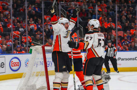 EDMONTON, AB – MARCH 25: Anaheim Ducks Defenceman Hampus Lindholm (47) scores the game-winning goal on Edmonton Oilers Goalie Cam Talbot (33). (Photo by Curtis Comeau/Icon Sportswire via Getty Images)