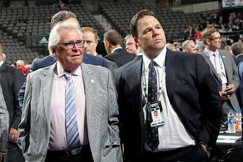 DALLAS, TX – JUNE 22: (L-R) Glen Sather and Jeff Gorton of the New York Rangers prior to the first round of the 2018 NHL Draft at American Airlines Center on June 22, 2018 in Dallas, Texas. (Photo by Bruce Bennett/Getty Images)