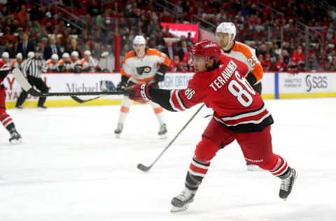 RALEIGH, NC – MARCH 30: Teuvo Teravainen #86 of the Carolina Hurricanes shoots the puck during an NHL game against the Philadelphia Flyers on March 30, 2019 at PNC Arena in Raleigh, North Carolina. (Photo by Gregg Forwerck/NHLI via Getty Images)