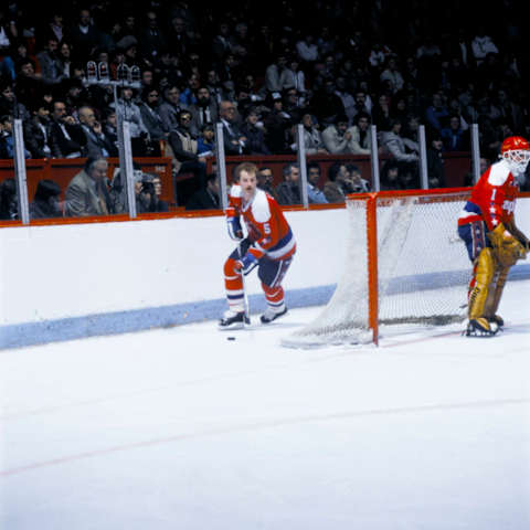 MONTREAL, CANADA – CIRCA 1980: Rod Langway #5 of the Washington Capitals skates with the puck during a game against the Montreal Canadiens Circa 1980 at the Montreal Forum in Montreal, Quebec, Canada. (Photo by Denis Brodeur/NHLI via Getty Images)