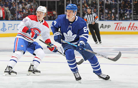 TORONTO, ON – OCTOBER 13: David Kampf #64 of the Toronto Maple Leafs . (Photo by Claus Andersen/Getty Images)