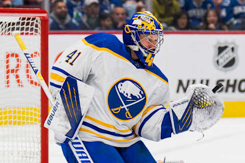 Mar 20, 2022; Vancouver, British Columbia, CAN; Buffalo Sabres goalie Craig Anderson (41) makes a save against the Vancouver Canucks in the first period at Rogers Arena. Mandatory Credit: Bob Frid-USA TODAY Sports