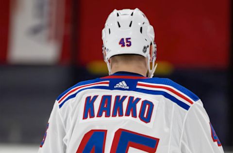 TRAVERSE CITY, MI – SEPTEMBER 09: Kaapo Kakko #45 of the New York Rangers skates in warm-ups during Day-4 of the NHL Prospects Tournament game against the Minnesota Wild at Centre Ice Arena on September 9, 2019 in Traverse City, Michigan. (Photo by Dave Reginek/NHLI via Getty Images)