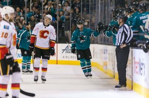 Dec 20, 2016; San Jose, CA, USA; San Jose Sharks right wing Joonas Donskoi (27) celebrates scoring a goal against the Calgary Flames in the second period at SAP Center at San Jose. Mandatory Credit: John Hefti-USA TODAY Sports