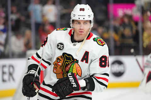 Mar 26, 2022; Las Vegas, Nevada, USA; Chicago Blackhawks right wing Patrick Kane (88) warms up before a game against the Vegas Golden Knights at T-Mobile Arena. Mandatory Credit: Stephen R. Sylvanie-USA TODAY Sports