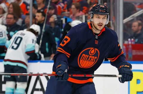 Jan 17, 2023; Edmonton, Alberta, CAN; Edmonton Oilers defensemen Vincent Desharnais (73) skates against the Seattle Kraken at Rogers Place. Mandatory Credit: Perry Nelson-USA TODAY Sports