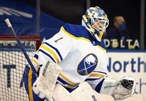 NEW YORK, NEW YORK – APRIL 27: Ukko-Pekka Luukkonen #1 of the Buffalo Sabres skates in warm-ups prior to the game against the New York Rangers at Madison Square Garden on April 27, 2021 in New York City. The Rangers defeated the Sabres 3-1. (Photo by Bruce Bennett/Getty Images)