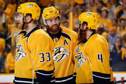 PITTSBURGH, PA – JUNE 11: James Neal #18 talks with Ryan Ellis #4 of the Nashville Predators prior to a face-off against the Pittsburgh Penguins during Game Six of the 2017 NHL Stanley Cup Final at Bridgestone Arena on June 11, 2017 in Nashville, Tennessee. (Photo by John Russell/NHLI via Getty Images)