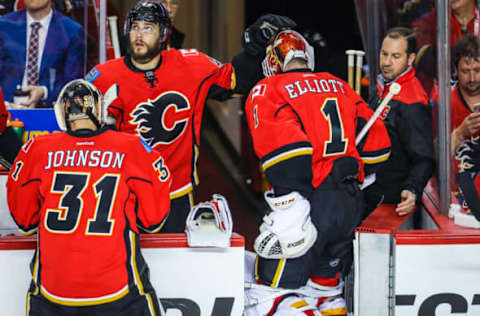 Apr 19, 2017; Calgary, Alberta, CAN; Calgary Flames goalie Brian Elliott (1) replaced by Calgary Flames goalie Chad Johnson (31) during the first period against the Anaheim Ducks in game four of the first round of the 2017 Stanley Cup Playoffs at Scotiabank Saddledome. Mandatory Credit: Sergei Belski-USA TODAY Sports