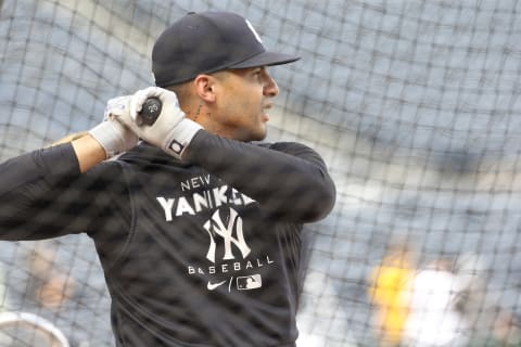 Jul 5, 2022; Pittsburgh, Pennsylvania, USA; New York Yankees designated hitter Gleyber Torres (25) in the batting cage before the game against the Pittsburgh Pirates at PNC Park. Mandatory Credit: Charles LeClaire-USA TODAY Sports