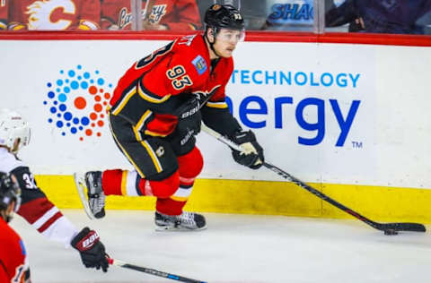 Nov 16, 2016; Calgary, Alberta, CAN; Calgary Flames center Sam Bennett (93) skates with the puck against the Arizona Coyotes during the third period at Scotiabank Saddledome. Calgary Flames won 2-1. Mandatory Credit: Sergei Belski-USA TODAY Sports