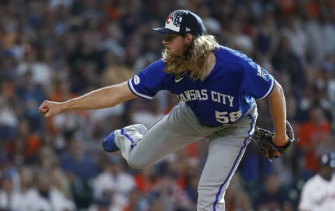 Jul 4, 2022; Houston, Texas, USA; Kansas City Royals relief pitcher Scott Barlow (58) delivers a pitch during the ninth inning against the Houston Astros at Minute Maid Park. Mandatory Credit: Troy Taormina-USA TODAY Sports