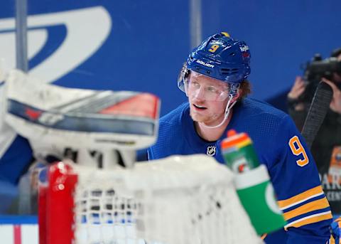 BUFFALO, NY – JANUARY 26: Jack Eichel #9 of the Buffalo Sabres celebrates after scoring on the New York Rangers during the second period at KeyBank Center on January 26 , 2021 in Buffalo, New York. (Photo by Kevin Hoffman/Getty Images)